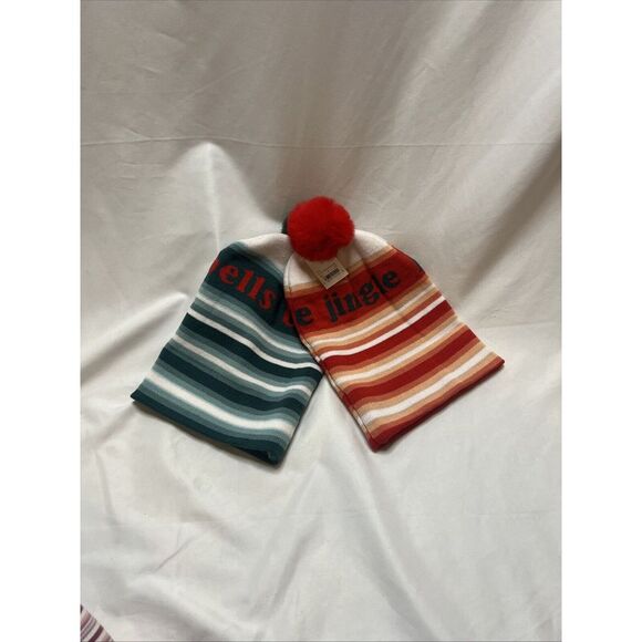 Winter Hat 2 Pack Jingle Bells Women‎ Beanie Pom Holiday Striped - Picture 1 of 5